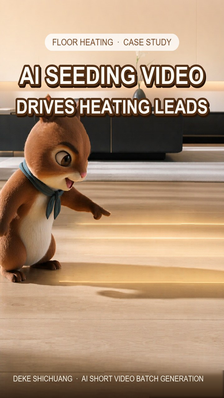 A little squirrel mascot pointing to glowing smart temperature control underfloor heating wooden flooring — underfloor heating brand AI seeding short video case cover.